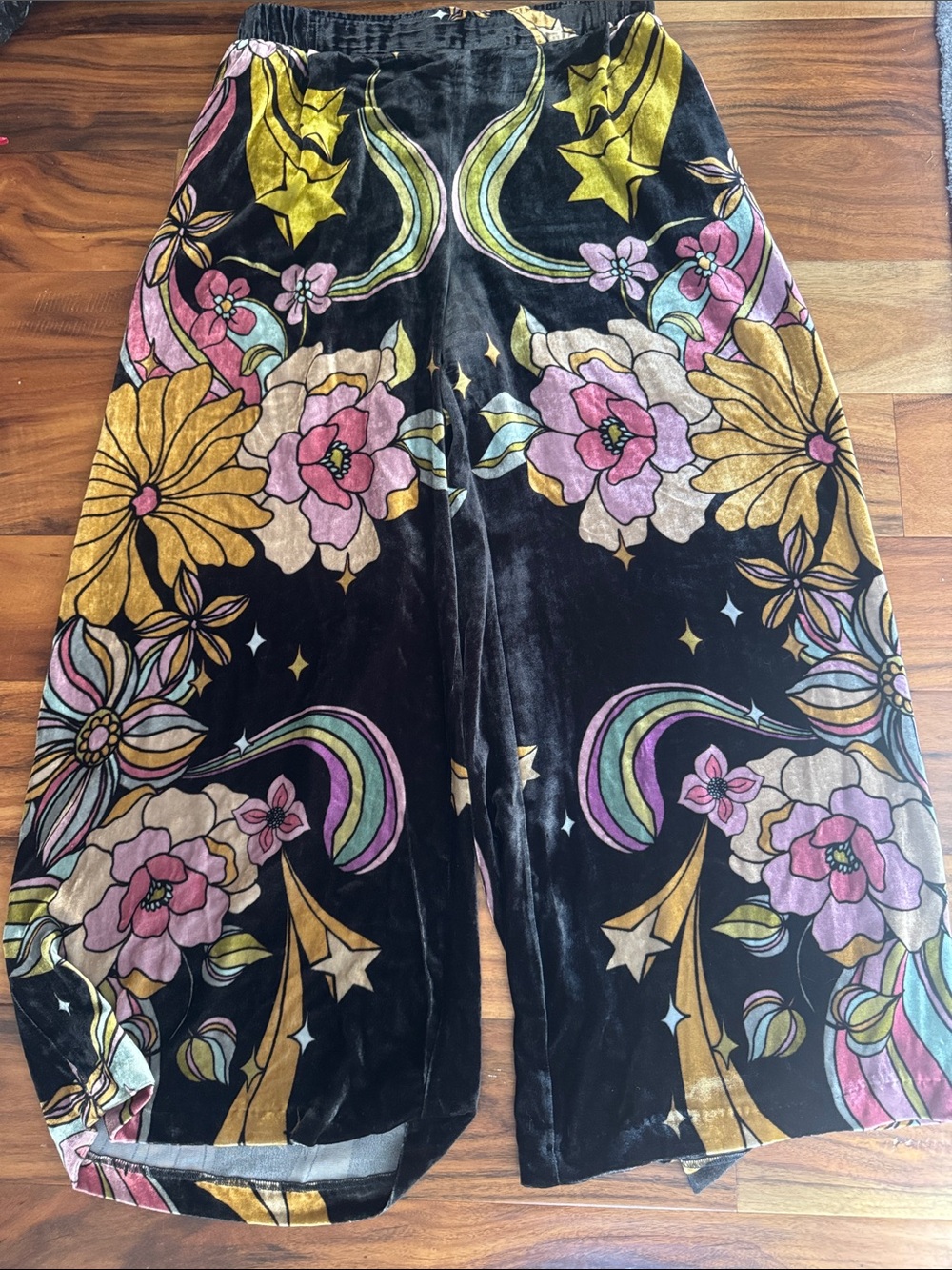 Johnny Was Jade Black Velvet Wide Leg Pants with Gold & Pink Floral Motif